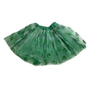Girls St Patrick's Day Green Tutu Skirt Shamrock Clover Glitter Tulle Costume